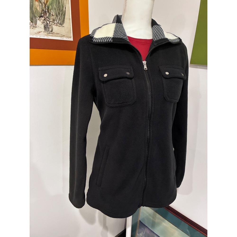 Chaps Sport Womens Black Full Zip Fleece Jacket Plaid Collar Size Medium